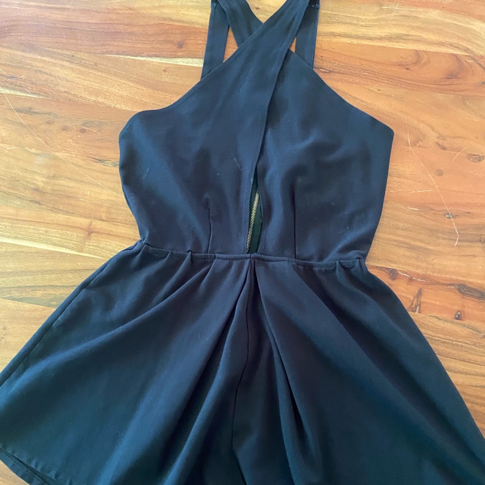 Charlotte Russe, Large black romper, cross front, flare bottom